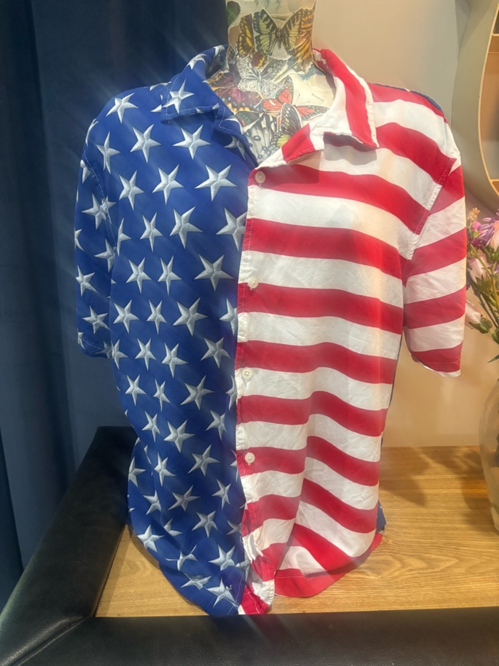 Brooklyn men’s L patriotic Hawaiian shirt Blue Red White Star Print